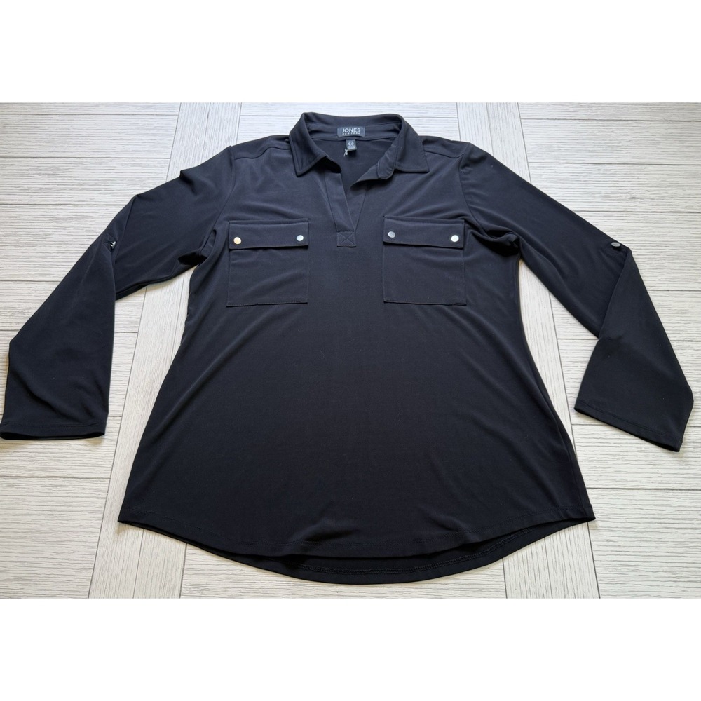 Jones New York Black‎ S Pullover Pocket Blouse Roll Tab Sleeves Camp Tunic Shirt